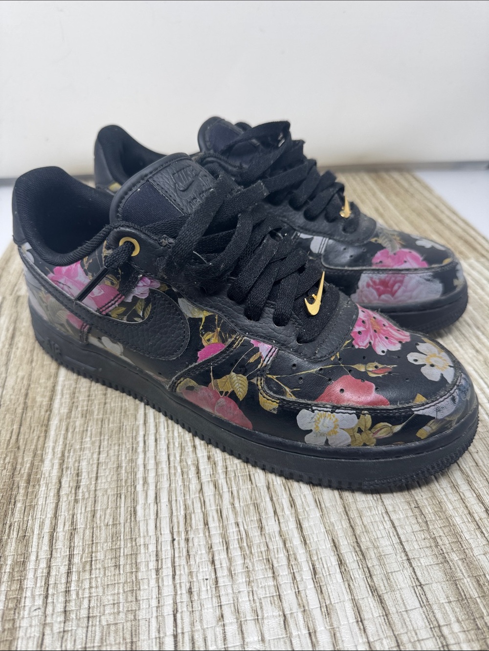 Nike Black Floral Low-Top Sneakers with Pink & Gold Details